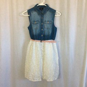 LILT Denim & Lace summer dress Girls size 16 Sleeveless Lined Blue White